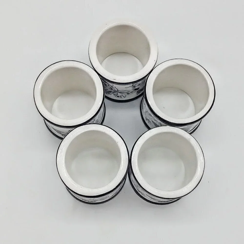 Set of 5 Black White Butterfly Porcelain Napkin Rings